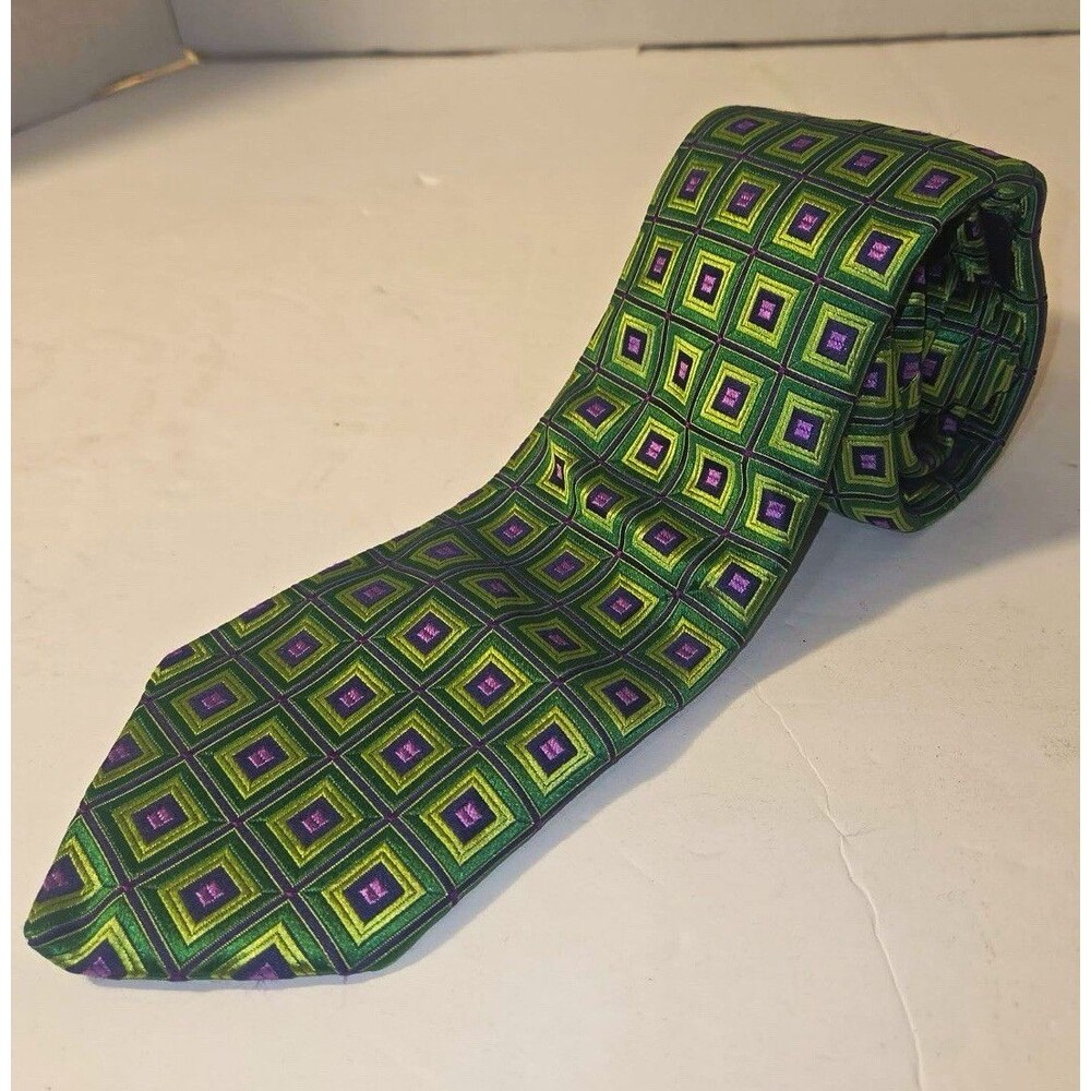 Ted Baker London Men's Silk Tie Green Purple Black Geometric Logo One Size